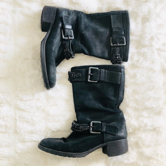 Vera Wang Lavender Black Leather Bejeweled Buckle Biker boots